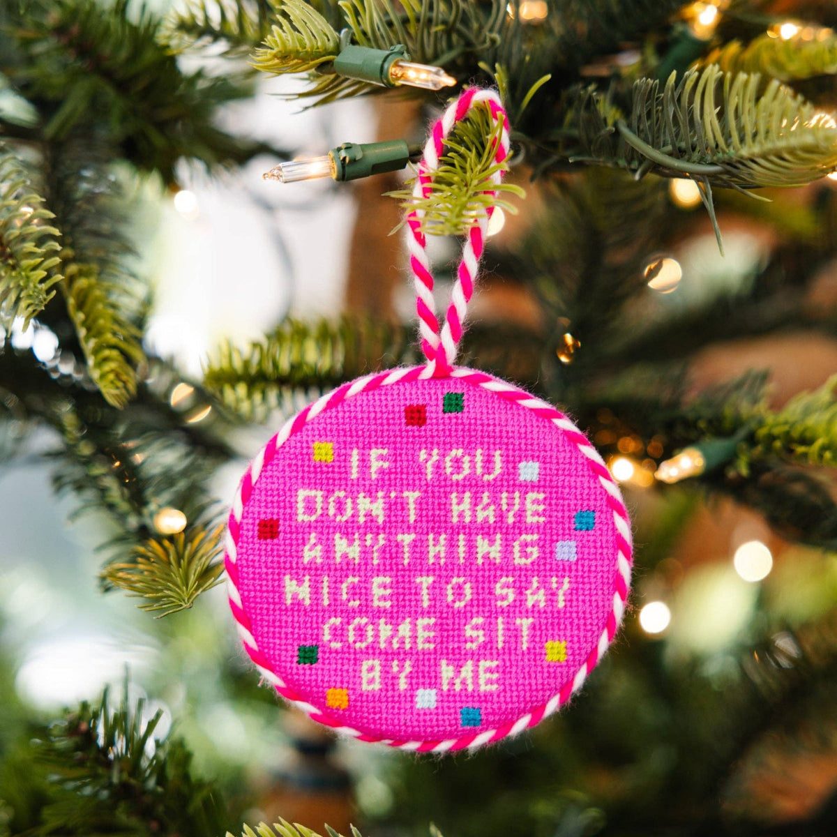 Come Sit By Me Needlepoint Ornament - bubblegum market