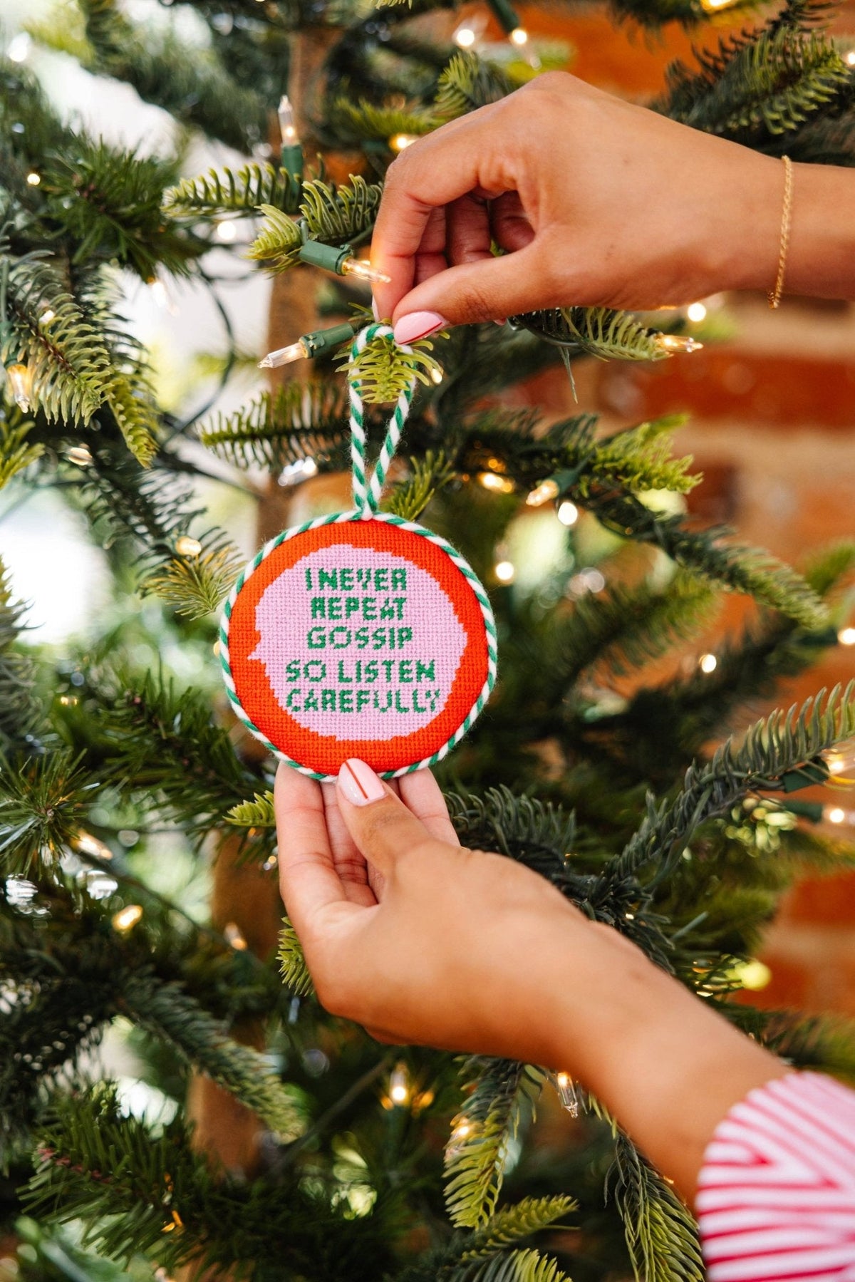 Gossip Needlepoint Ornament - bubblegum market