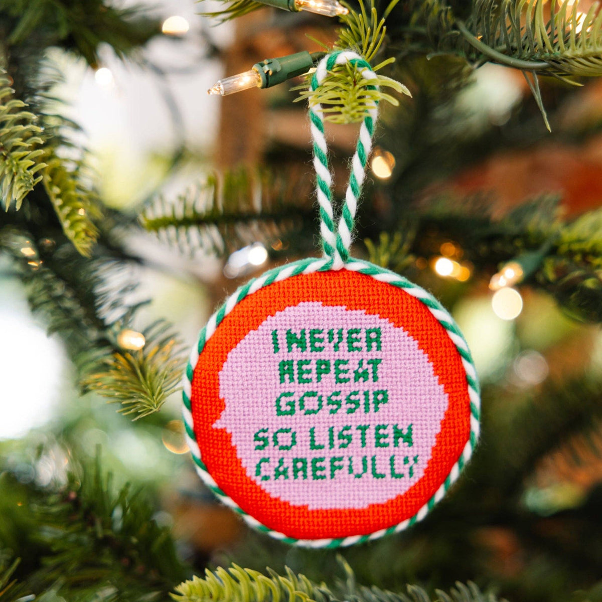 Gossip Needlepoint Ornament - bubblegum market